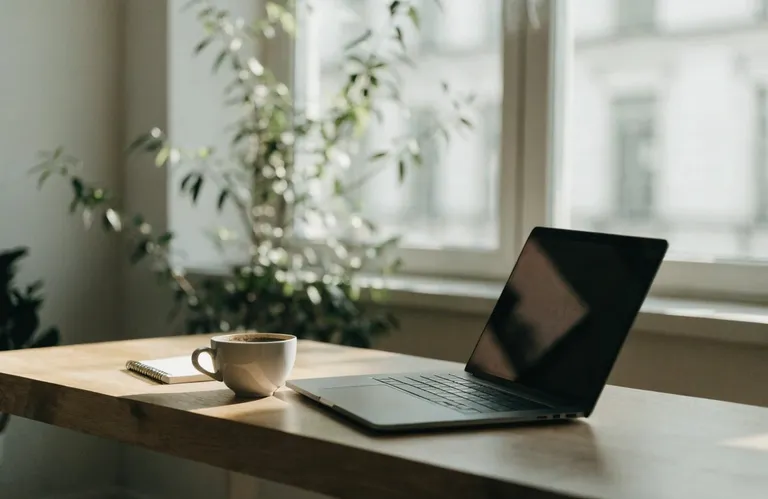 窓辺のシンプルな机に置かれたノートPC。AIドリブンでリモートに事業を回すことを表す