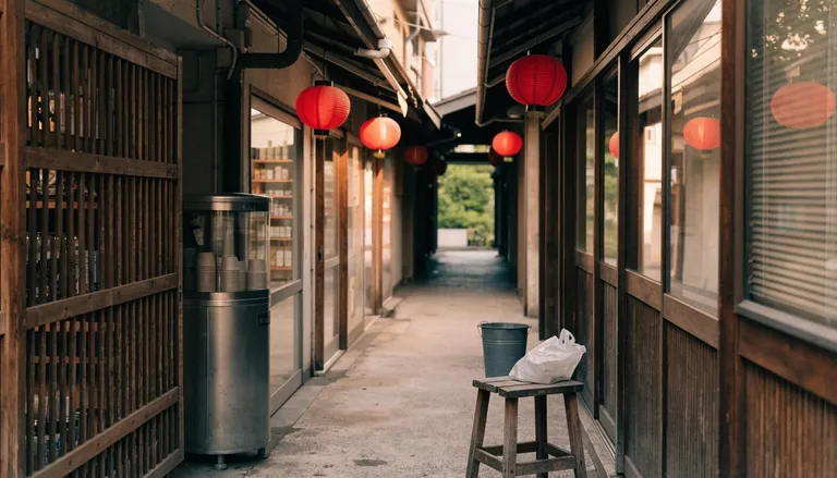赤い提灯が下がる、木造の小さな店が並ぶ屋根付きの細い路地。店先に丸椅子とバケツが置かれている