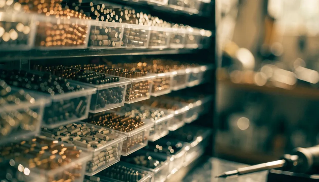 Rows of tiny electronic components in small clear drawers at a parts shop in Akihabara