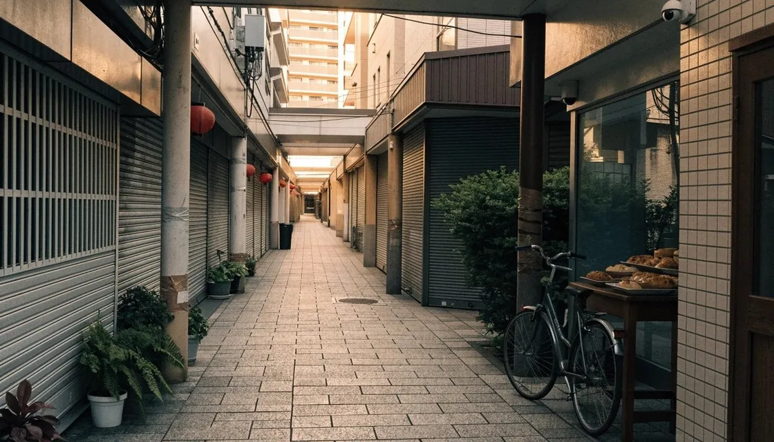 早朝の住宅街にある屋根付き商店街。シャッターの閉まった店、赤い提灯、鉢植え、止められた自転車、焼きたてのパンが並ぶ台