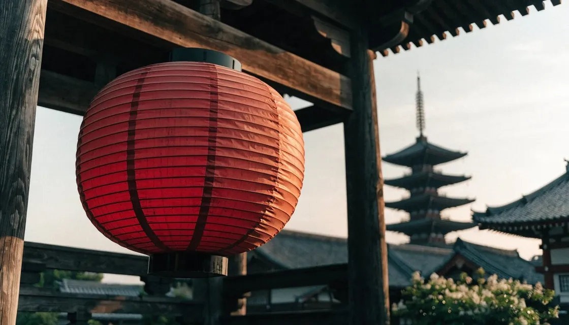 A giant red paper lantern hanging in a wooden temple gate in Asakusa with a pagoda softly blurred behind
