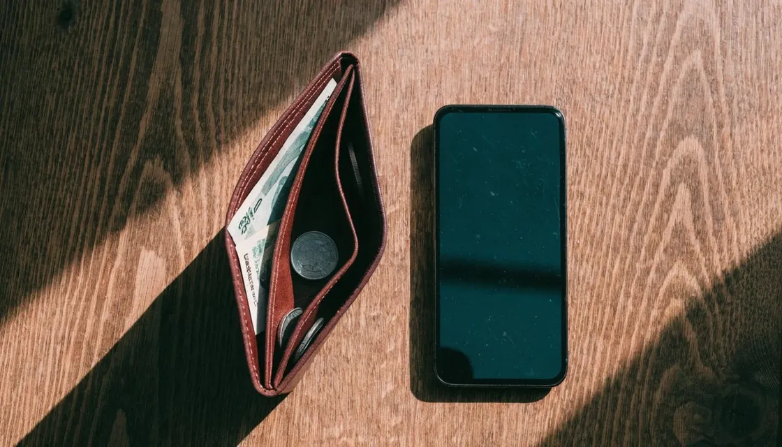 日本円の紙幣と硬貨、スマホの決済アプリが入った財布