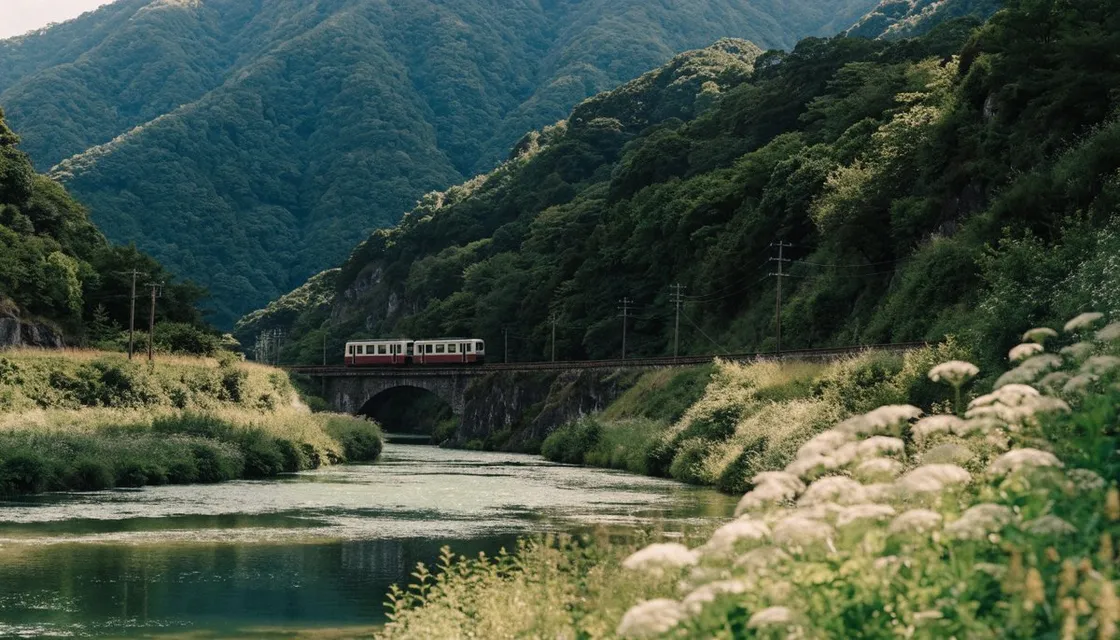 A small local train crossing a bridge over a green river valley in Chichibu, with forested mountains behind