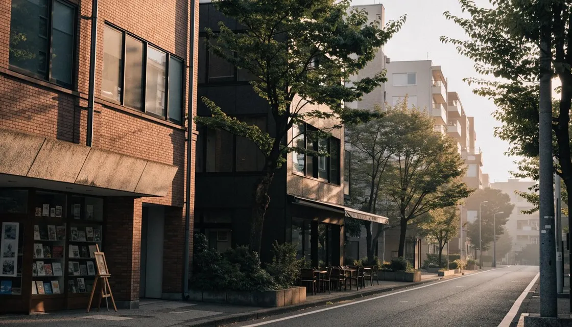 A quiet tree-lined Daikanyama side street in soft morning light, with a small bookstore and an empty café terrace