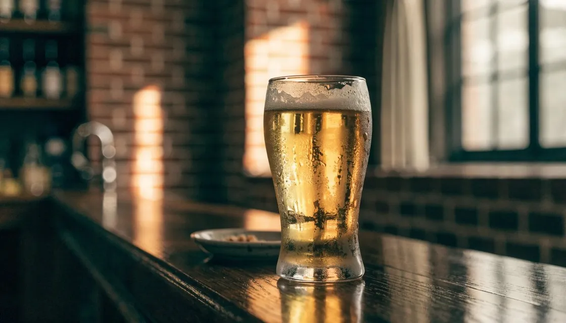 A frosted glass of golden beer on a dark wooden counter in a red-brick beer hall in Ebisu