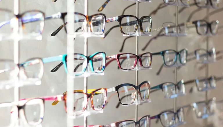 A wall of colorful eyeglass frames on clear display pegs