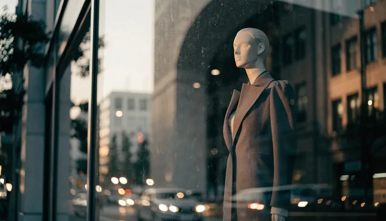 A tailored mannequin in a Ginza department store window with city lights reflected in the glass at dusk