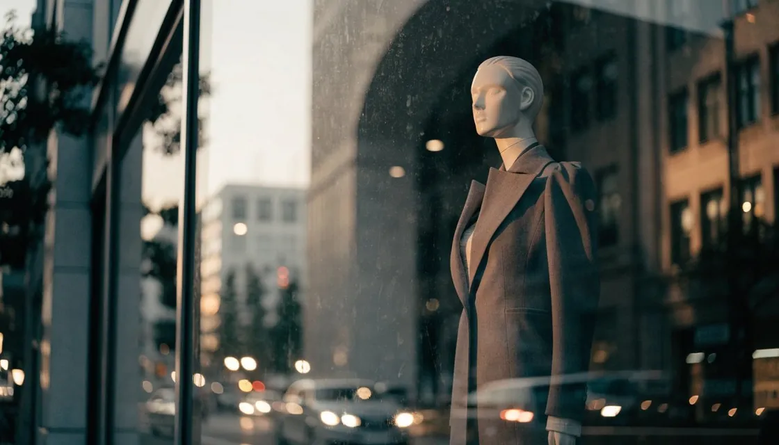 A tailored mannequin in a Ginza department store window with city lights reflected in the glass at dusk