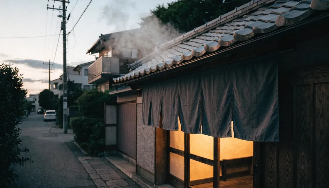 A traditional Japanese bathhouse with a tiled roof and dark noren curtains on a quiet street at dusk, steam rising from the roof