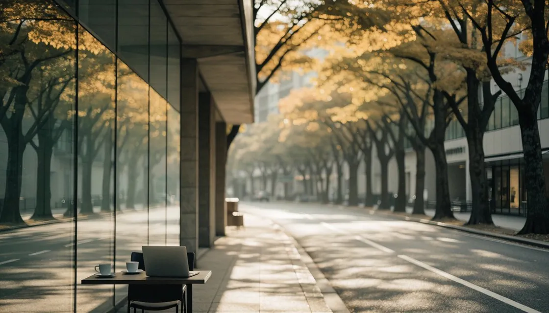 A tree-lined Omotesando avenue in autumn with golden zelkova leaves and a quiet cafe terrace