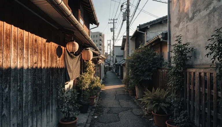 夕暮れの東京の細い商店街。提灯と暖簾、古い木造の店先に並ぶ鉢植え