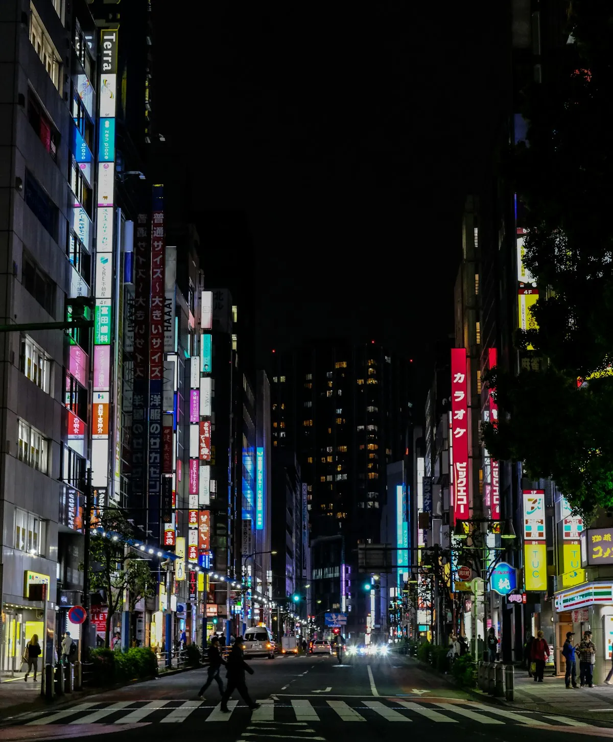 A street on the east side of Ikebukuro at night, lined with neon signs and karaoke buildings