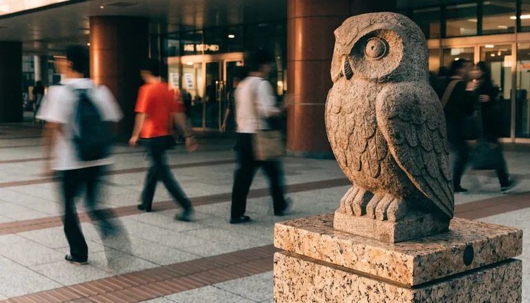 A stone owl statue at the Ikebukuro station plaza with commuters blurred in motion