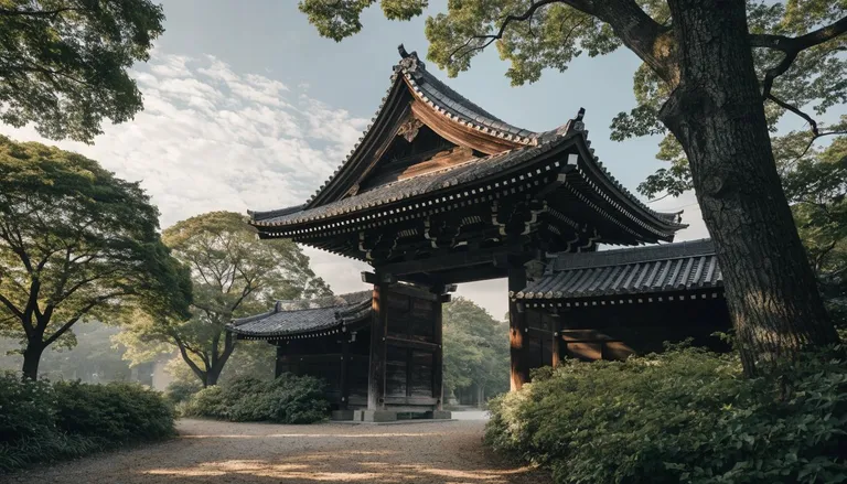 朝の柔らかな光の中、高い木々に囲まれた砂利の参道と、その先に立つ古い木造の山門