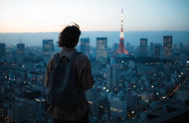 夕暮れの東京。バックパックを背負った人が高い場所から街を見下ろし、遠くに東京タワーの灯りが見える