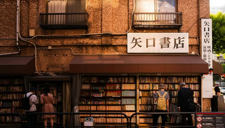 歩道沿いに本棚が並ぶ、神保町の古書店・矢口書店