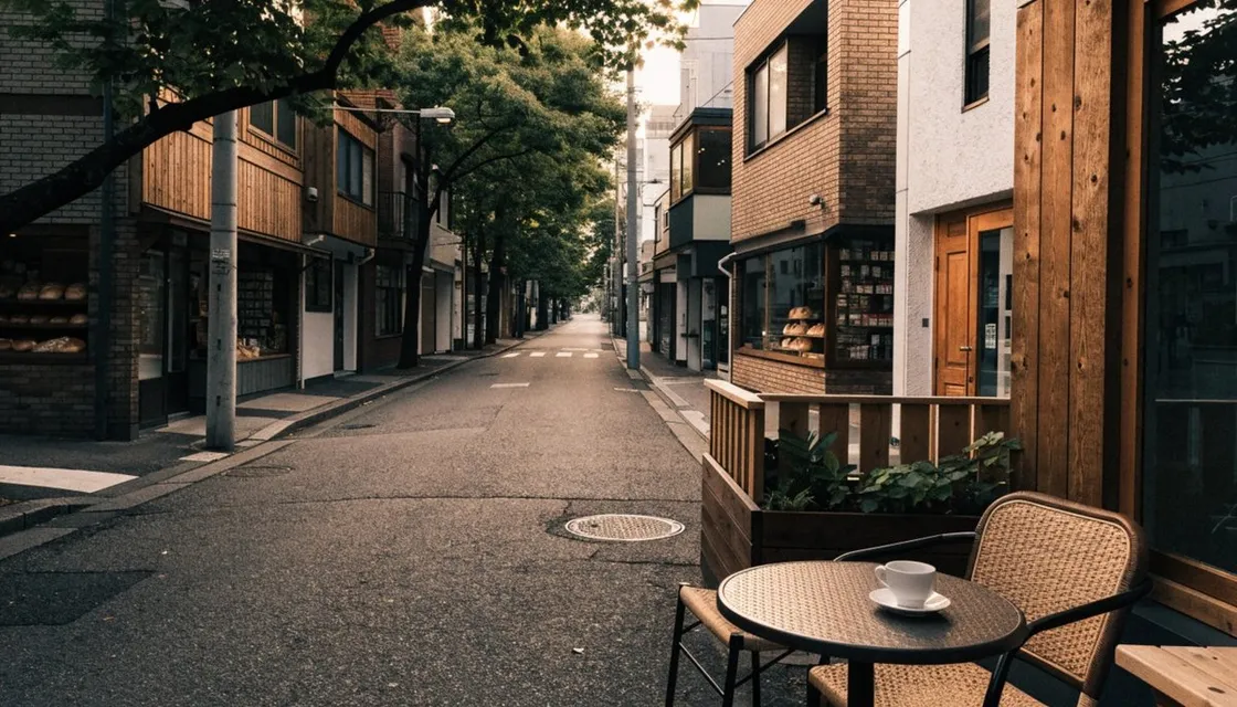 A quiet Jiyugaoka lane lined with small cafes and boutiques in soft morning light, with an empty terrace table in the foreground