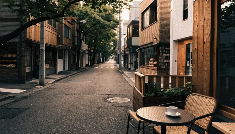 A quiet Jiyugaoka lane lined with small cafes and boutiques in soft morning light, with an empty terrace table in the foreground