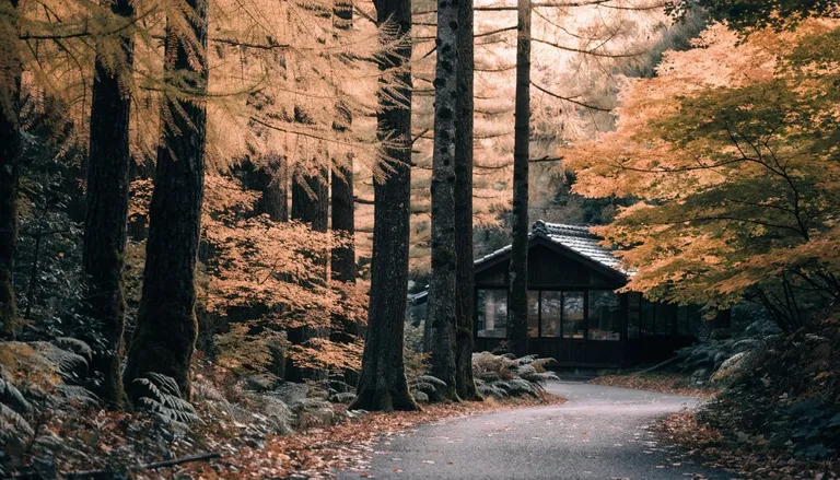 A quiet path through autumn larch and maple trees in Karuizawa, with a small wooden cafe visible between the trunks