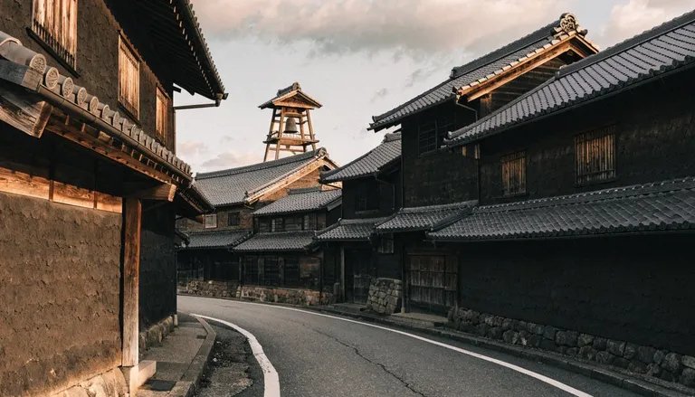 午後の柔らかな光の下、黒い漆喰の壁と重い瓦屋根が続く江戸時代の蔵造りの町並み