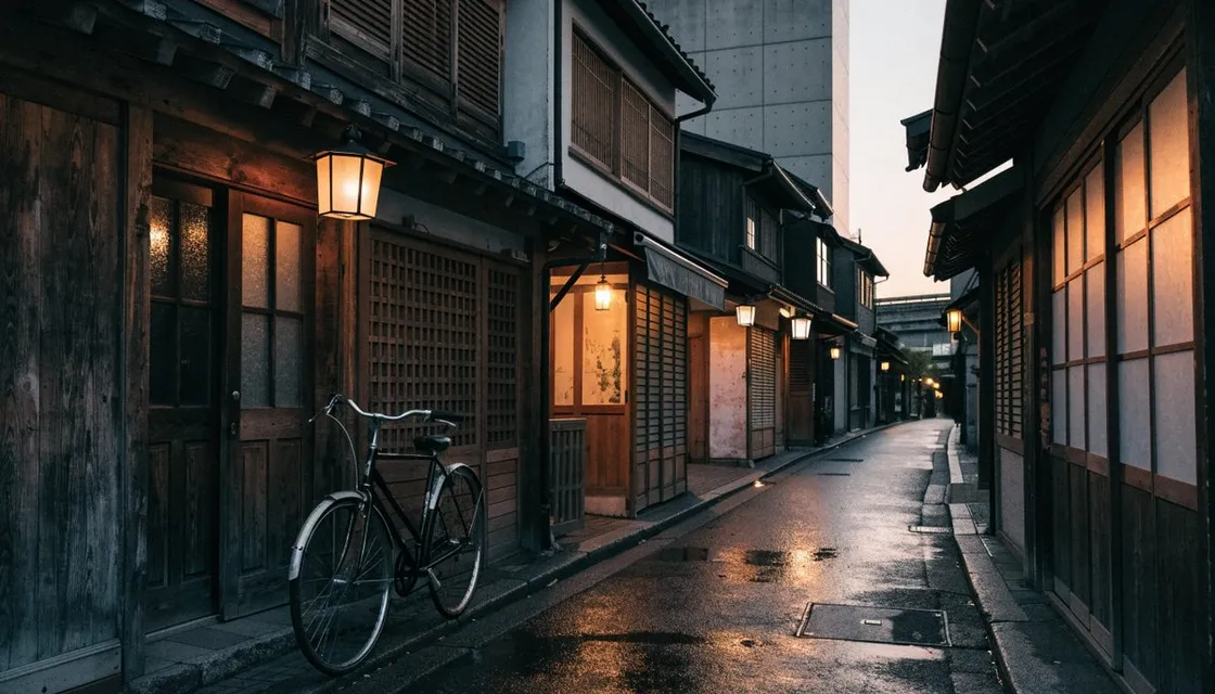 夕暮れの細い路地。木造の店先に軒灯がともり、戸口の脇に自転車が一台。濡れた路面に明かりが映る