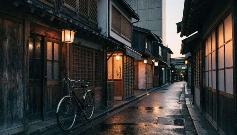 夕暮れの細い路地。木造の店先に軒灯がともり、戸口の脇に自転車が一台。濡れた路面に明かりが映る