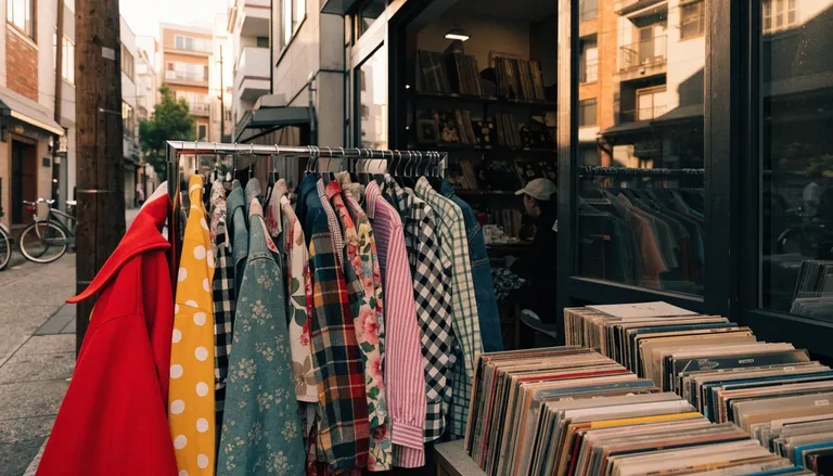 Racks of colorful vintage clothing and stacked records outside a small secondhand shop in Koenji