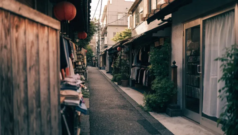 低い建物と小さなレコード店や古着屋、赤い提灯、緑が並ぶ高円寺の細い商店街。やわらかな日差しの中で