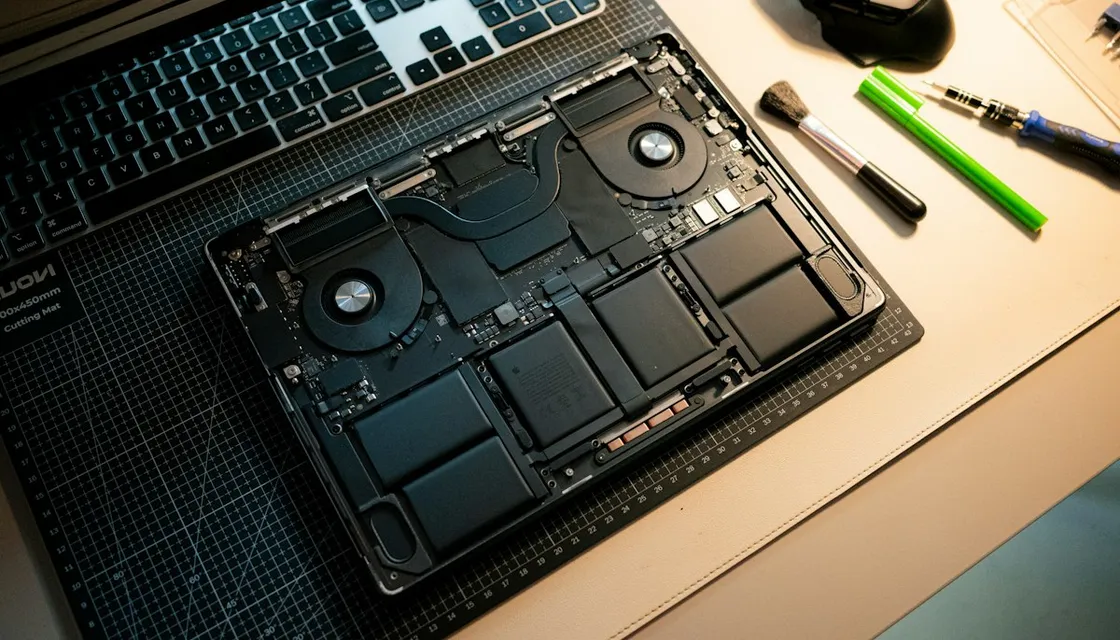 裏蓋を開けてファンとバッテリーが見える、修理マットの上のノートパソコン