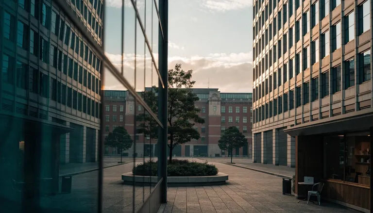 A quiet plaza between glass office buildings in Marunouchi with the red brick Tokyo Station building in the background at early morning