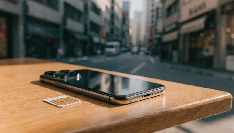 背景に東京の街並みが映る、eSIM設定画面を表示したスマートフォン