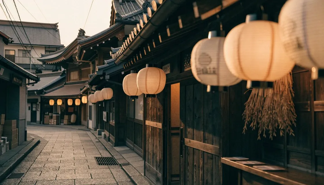 A shrine-town shopping street in Monzen-Nakacho in soft evening light, with lanterns and a small izakaya entrance