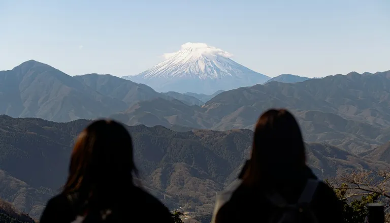 東京西部の山並みの向こうに雪をかぶった富士山を眺める二人のハイカー