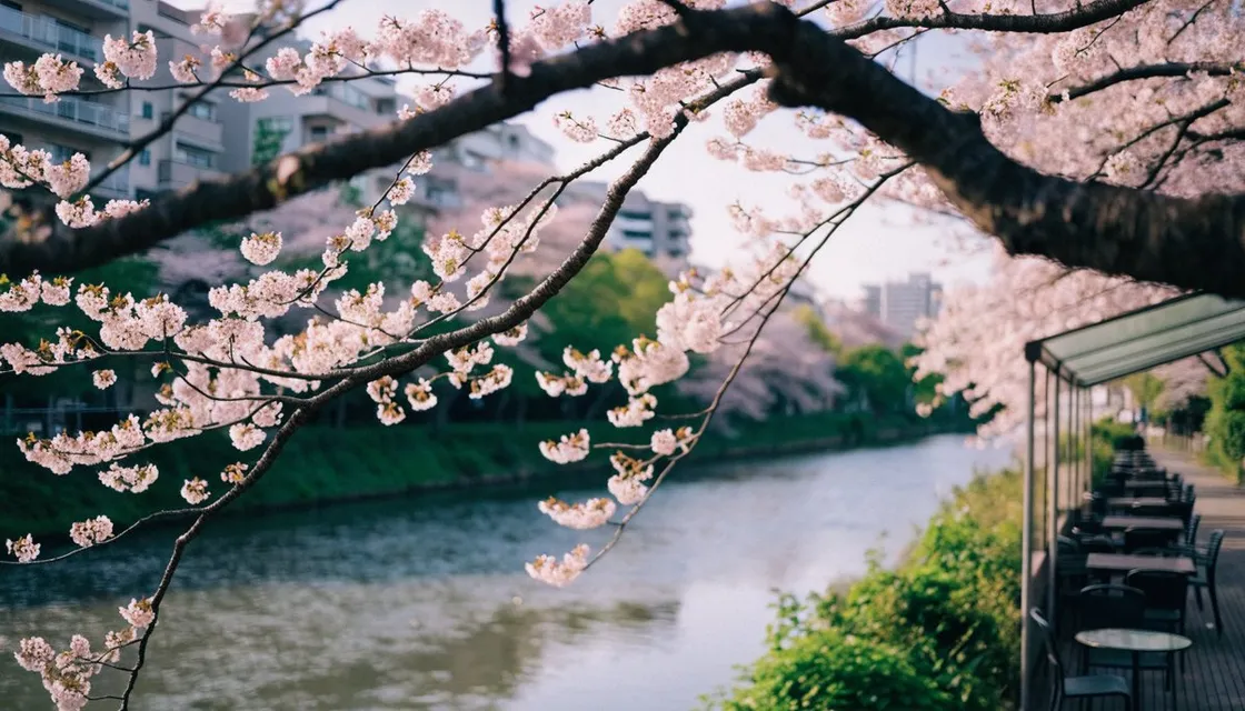 やわらかな春の光の中、中目黒の目黒川に枝を伸ばす桜