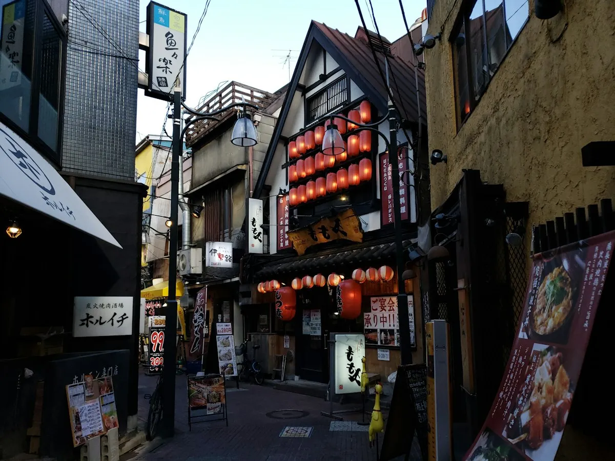 A narrow Nakano alley at dusk with red lanterns hanging outside an izakaya