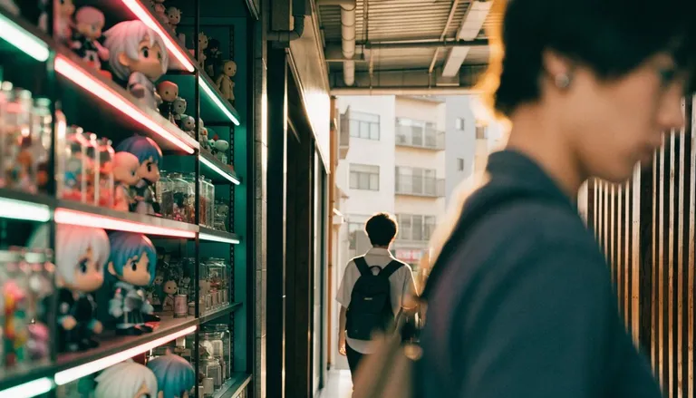 A neon-lit shop window of collectible toys and figures in a covered arcade in Nakano