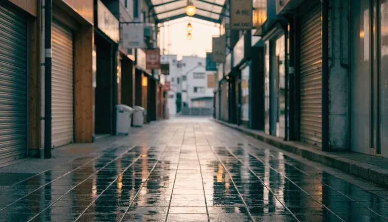 夕暮れの中野のアーケード商店街。小さな店構えと吊り看板が奥へと続いていく風景