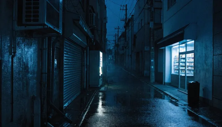 夜の東京の裏路地。濡れた路面に店の灯りがこぼれ、立ち飲みが隠れていそうな路地の風景