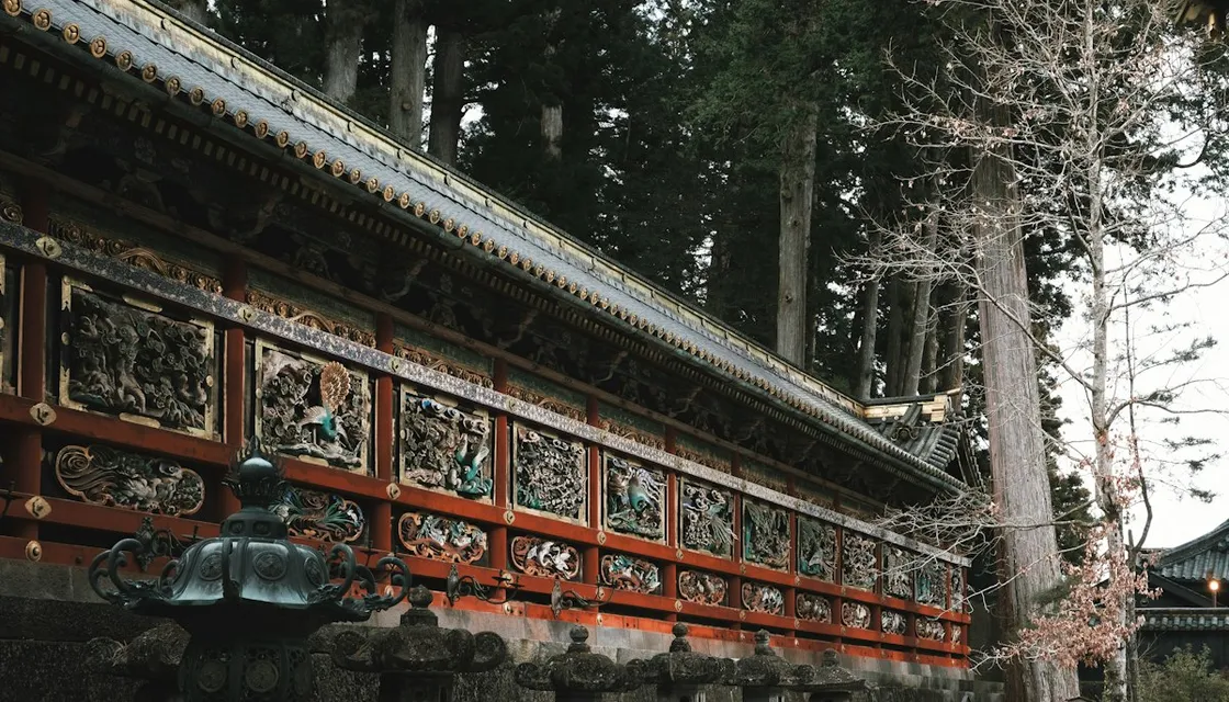 Ornate carved and lacquered walls of a shrine building in Nikko among tall cedars