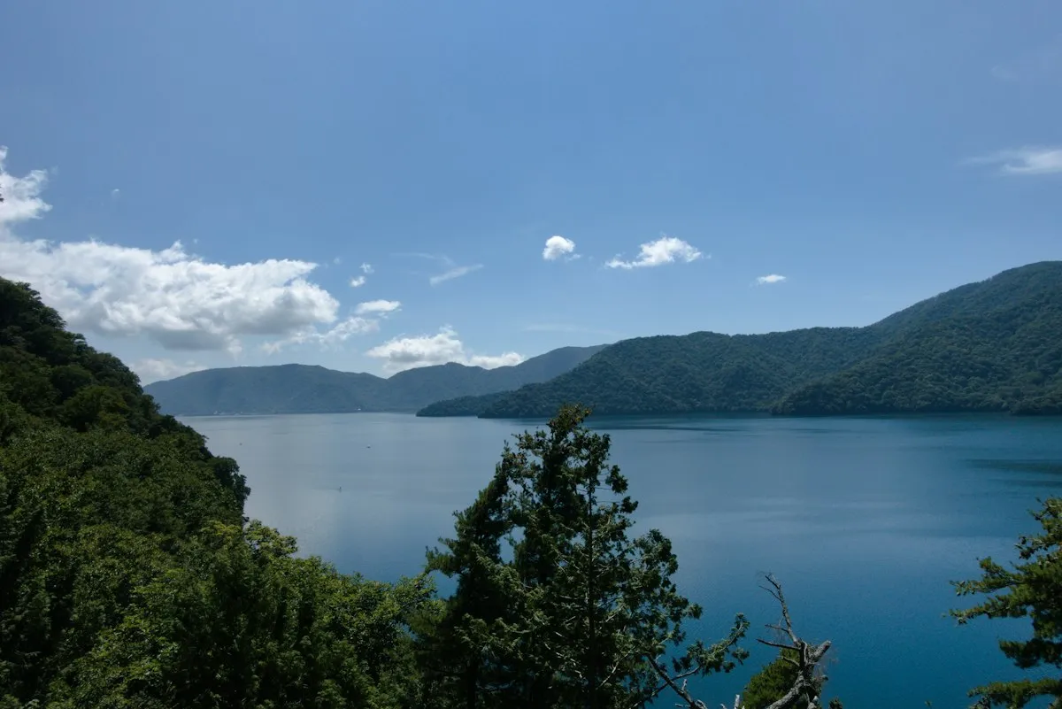 Lake Chuzenji seen from above, surrounded by forested mountains under a blue sky