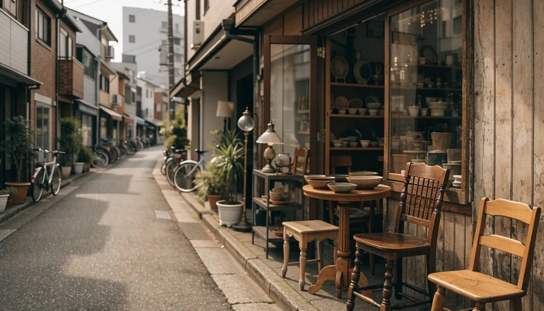 静かな路地の小さな骨董店。店先に木の椅子が並んでいる