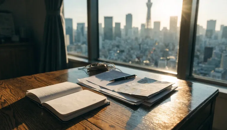 東京の街並みを望む机に置かれたパスポートと渡航書類