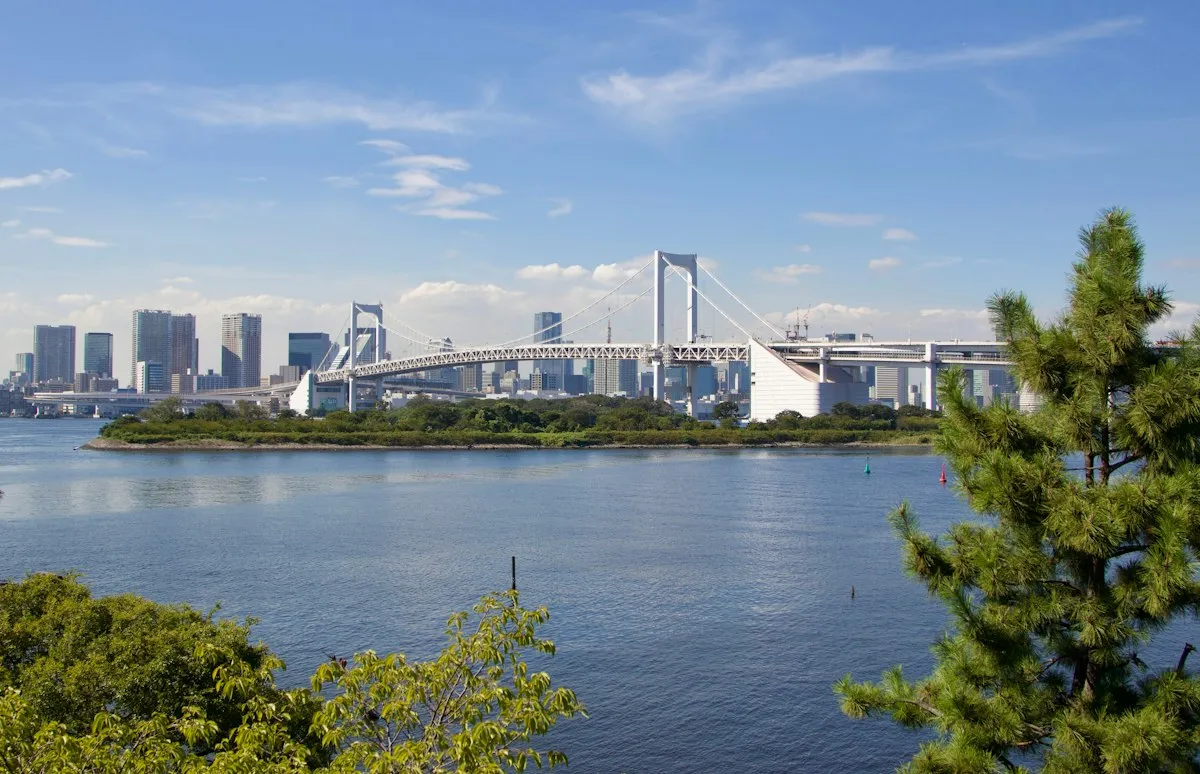 The Rainbow Bridge and the central Tokyo skyline across the bay from Odaiba on a clear day