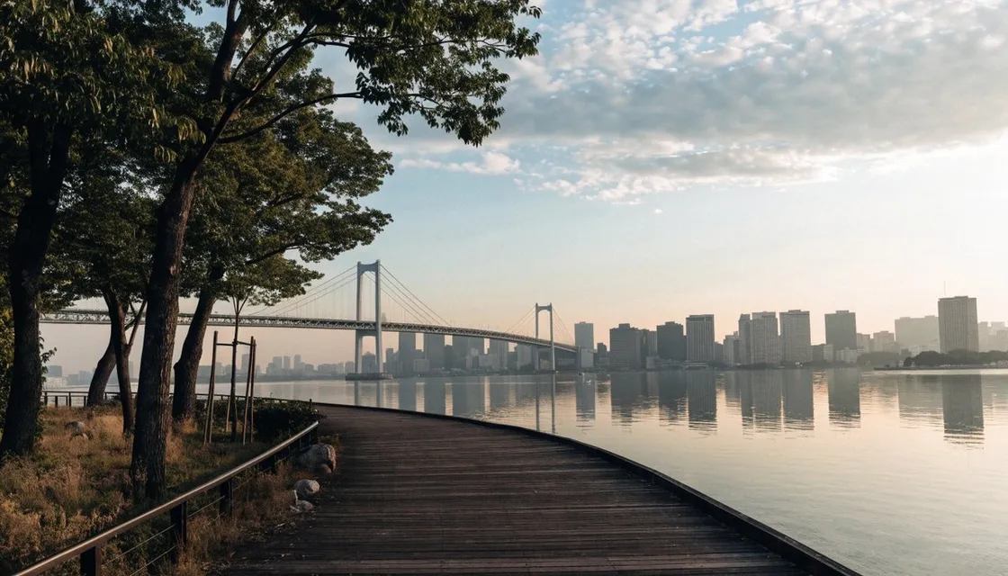 Rainbow Bridge and Tokyo Bay seen from a quiet Odaiba waterfront promenade in soft early light