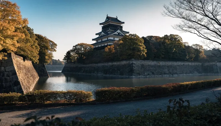 Odawara Castle keep rising above a stone-walled moat and autumn trees on a clear morning