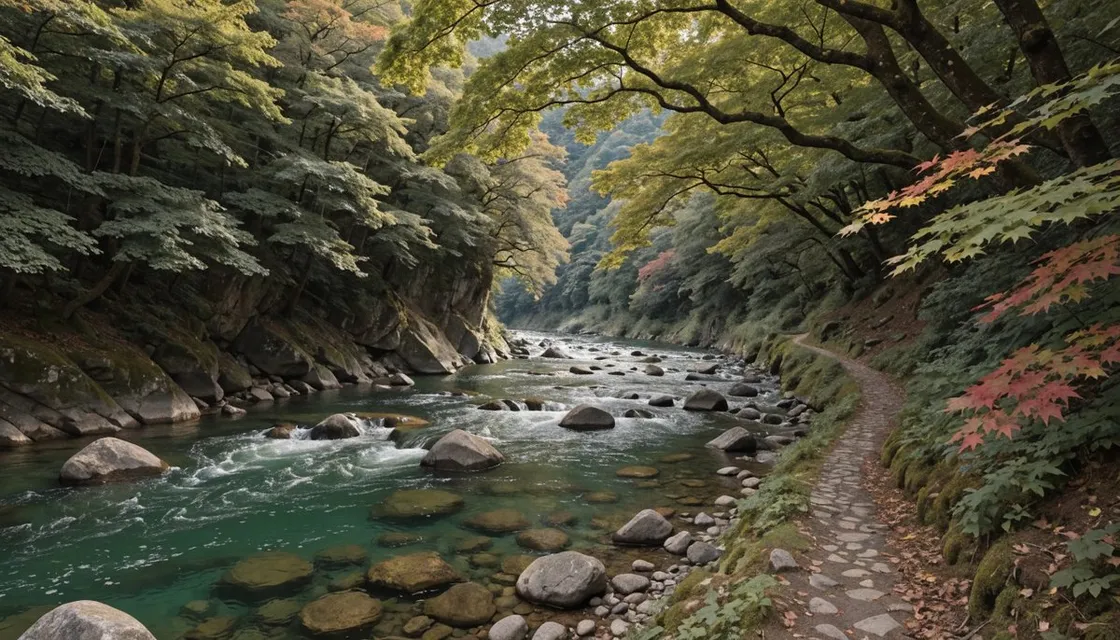A clear green river running over boulders through a forested gorge, with a stone path along the bank and early autumn maple leaves