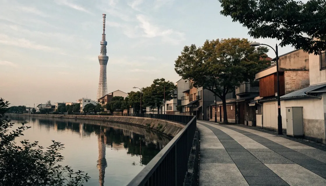 Tokyo Skytree rising above a quiet riverside walkway in soft evening light