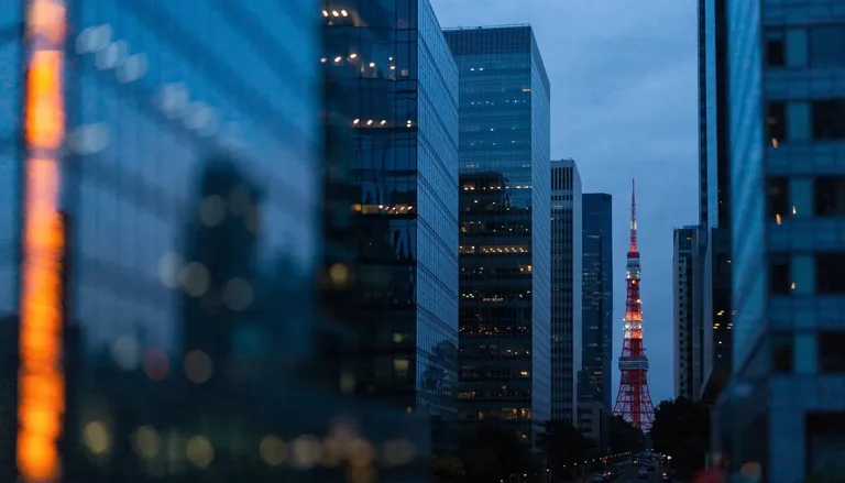 Tokyo Tower rising between glass skyscrapers in Roppongi at blue hour