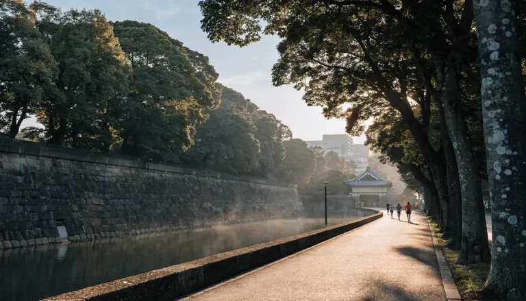 水辺沿いの並木道。朝の光と靄が木々の間から差し込んでいる東京の風景