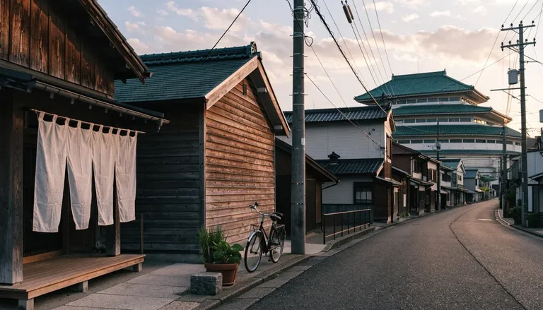 夕暮れの静かな通りに並ぶ木造の家。白いのれんの掛かった入口、壁際の自転車と鉢植え、遠くにそびえる緑の屋根の大きな建物